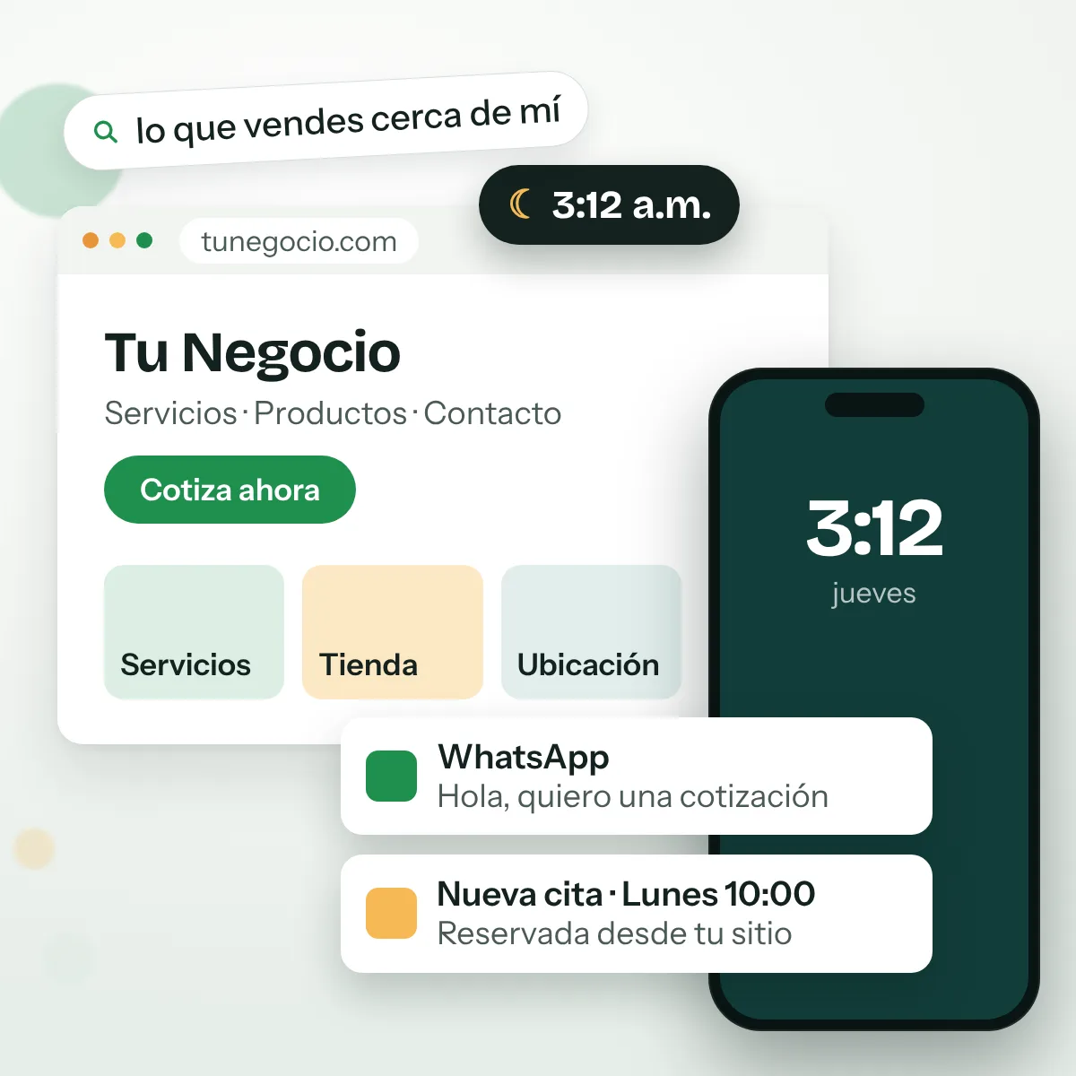 Ejemplo: el sitio web de un negocio y un celular que recibe una cotización por WhatsApp y una cita nueva a las 3:12 de la madrugada